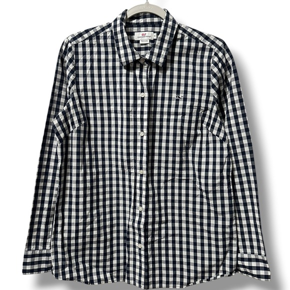Vineyard Vines Tops - Vineyard Vines Navy Blue White Gingham Cotton Button Down Shirt Womens 10 Preppy